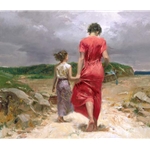 Homeward Bound - mother and child at shore by Mediterranean artist Pino