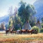 Back from the River - Indian warrior bringing horses back to camp by Martin Grelle