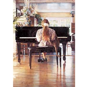 Duet - girl and her cat at the piano by artist Steve Hanks