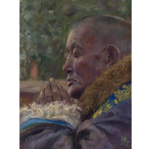 Tibetan Prayer - Portrait of a Monk praying by artist Weizhen Liang