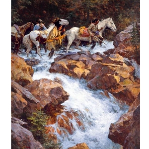 White Water Passage - Indians crossing mountain stream by western artist Howard Terpning