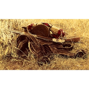 1880s Still Life of Saddle and Rifle by James Bama