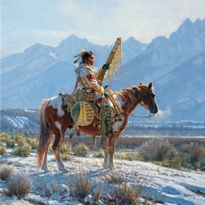 Valley Guardian - Lone Indian on horseback by western artist Martin Grelle
