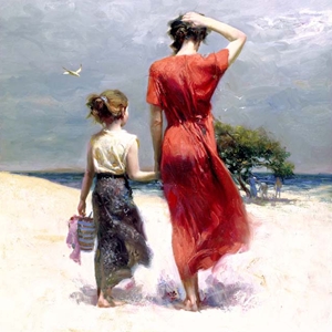 Afternoon Stroll - mother and daughter walking along shore by Mediterranean artist Pino