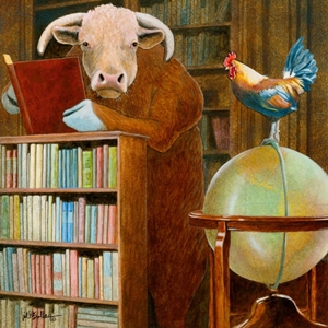 Cock and Bull Story - in a library by humorous artist Will Bullas