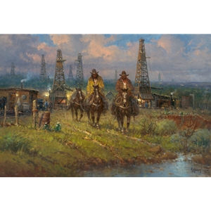 ~ Texas Heritage - cowhands riding through oil field by G. Harvey