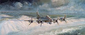 Little Willie Coming Home - B-17 with two engines out by aviation artist Keith Ferris
