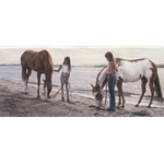 Connections - girls with horses on beach by artist Steve Hanks