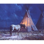 Night Glow- horse resting by tipi by western artist Martin Grelle