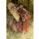 Beneath the Cottonwoods - Indian mother with children by artist Z. S. Liang