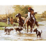 Yapping Dogs - Indian warrior is welcomed home, painting by Howard Terpning