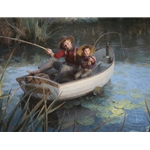The Fishing Hole - boys in dory on summer day by nostalgia artist Morgan Weistling