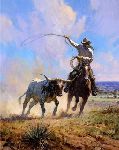 Ropin' a Wild One - Cowboy roping a steer by western artist Martin Grelle