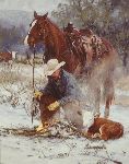 Early Arrival - Cowboy with newborn calf by western artist Bruce Greene