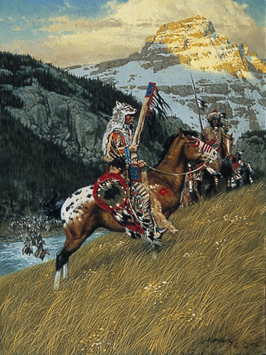 Blackfoot Raiders - Indian warriors by western artist Frank McCarthy  available from Snow Goose