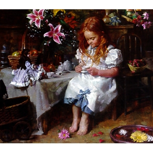 My Favorite Things - Little girl having a tea party by figurative artist Morgan Weistling