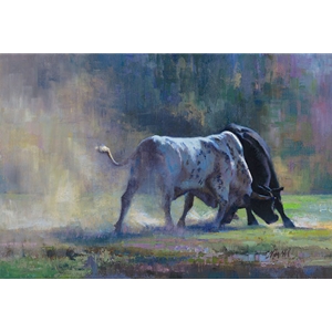 Rip & Snort - bulls fighting by artist Kim Hill