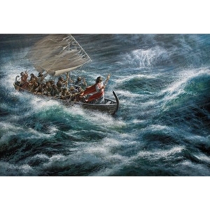 Peace! Be still! - Jesus in boat on stormy seas by Christian artist James Seward