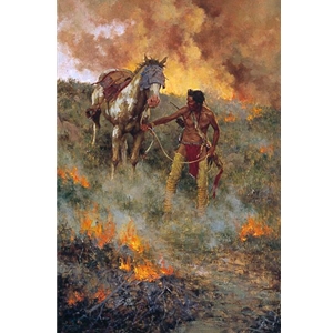 Test of Courage - Indian leading his horse through prairie fire by western artist Howard Terpning