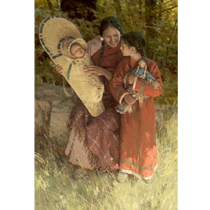 Beneath the Cottonwoods - Indian mother with children by artist Z. S. Liang