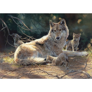 Grace Under Pressure - wolf pups with mother by wildlife artist Bonnie Marris