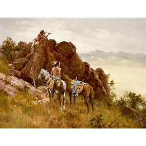 Far Seeing Glass - Indian war party with telescope by western artist Howard Terpning