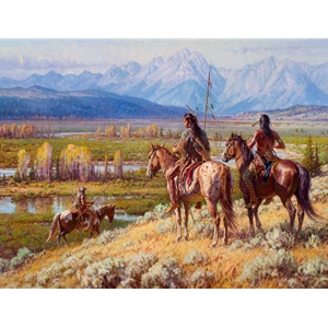 Cheyenne Scouts on the Buffalo Fork - east of the Tetons by western artist Martin Grelle available from Snow Goose Gallery