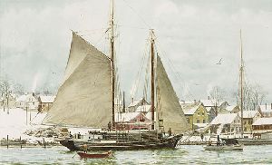 Lulu W. Eppes with steam launch Mineola at Ellsworth Maine by nautical artist Victor Mays