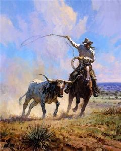 Ropin' a Wild One - Cowboy roping a steer by western artist Martin Grelle